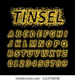 Uppercase italic display font include letters and numbers. Glitter confetti alphabet with gold dust for title, header, lettering, poster, greeting card, invitation, banner. Vector illustration.