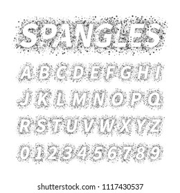 Uppercase italic display font include letters and numbers. Glitter confetti alphabet with silver dust for title, header, lettering, poster, greeting card, invitation, banner. Vector illustration.