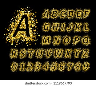 Uppercase italic display font include letters and numbers. Glitter confetti alphabet with gold dust for title, header, lettering, poster, greeting card, invitation, banner. Vector illustration.
