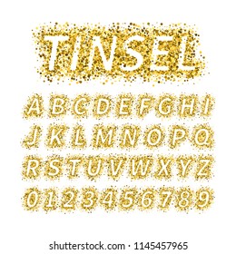 Uppercase italic display font include letters and numbers. Glitter confetti alphabet with gold dust for title, header, lettering, poster, greeting card, invitation, banner. Vector illustration.