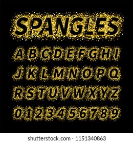Uppercase italic display font include letters and numbers. Glitter confetti alphabet with gold dust for title, header, lettering, poster, greeting card, invitation, banner. Vector illustration.