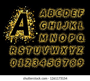 Uppercase italic display font include letters and numbers. Glitter confetti alphabet with gold dust for title, header, lettering, poster, greeting card, invitation, banner. Vector illustration.