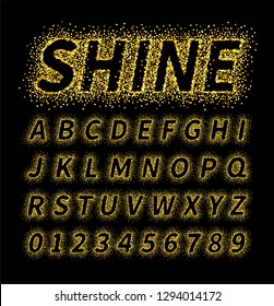 Uppercase italic display font include letters and numbers. Glitter confetti alphabet with gold dust for title, header, lettering, poster, greeting card, invitation, banner. Vector illustration.