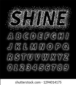 Uppercase italic display font include letters and numbers. Glitter confetti alphabet with silver dust for title, header, lettering, poster, greeting card, invitation, banner. Vector illustration.