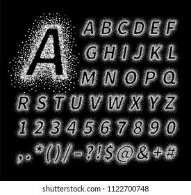 Uppercase italic display font with letters, punctuation, numbers. Glitter confetti alphabet. Silver dust for title, header, lettering, poster, greeting card, invitation, banner. Vector illustration.