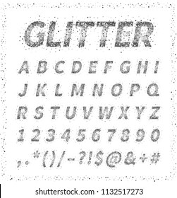 Uppercase italic display font with letters, punctuation, numbers. Glitter confetti alphabet. Silver dust for title, header, lettering, poster, greeting card, invitation, banner. Vector illustration.