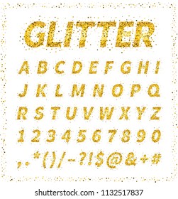 Uppercase italic display font with letters, punctuation, numbers. Glitter confetti alphabet with gold dust for title, header, lettering, poster, greeting card, invitation, banner. Vector illustration
