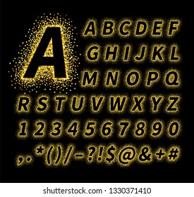 Uppercase italic display font with letters, punctuation, numbers. Glitter confetti alphabet with gold dust for title, header, lettering, poster, greeting card, invitation, banner. Vector illustration.