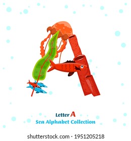 Uppercase letter A. Creative lettering. Unique character made from fish, seaweed, corals, sea inhabitants. Typography graphic design. Colorful cartoon style. Vector illustration on a white background