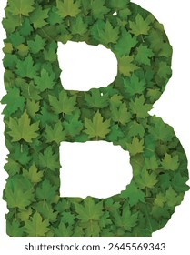 A letra maiúscula B é representada usando um arranjo denso de folhas de ácer verde, criando uma representação natural e orgânica da letra.