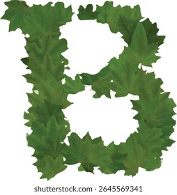 A letra maiúscula B é formada a partir de uma coleção de folhas verdes intricadamente dispostas, criando uma representação vibrante e natural da letra.