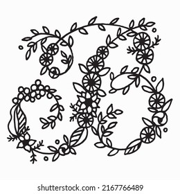Uppercase letter B hand drawn. Letter decorated with flowers. Decorative handmade font. English alphabet. Doodles font from ornamental flowers - letter B. Black and white.