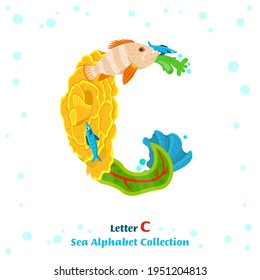 Uppercase letter C. Creative lettering. Unique character made from fish, seaweed, corals, sea inhabitants. Typography graphic design. Colorful cartoon style. Vector illustration on a white background