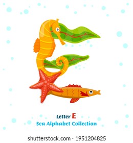 Uppercase letter E. Creative lettering. Unique character made from fish, seaweed, corals, sea inhabitants. Typography graphic design. Colorful cartoon style. Vector illustration on a white background