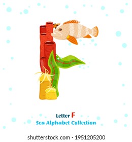 Uppercase letter F. Creative lettering. Unique character made from fish, seaweed, corals, sea inhabitants. Typography graphic design. Colorful cartoon style. Vector illustration on a white background
