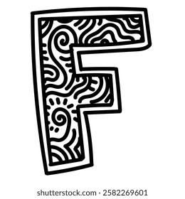 Uppercase letter of F with doodle inside. Simple illustration. Hand drawn doodle for sticker, postcard, wallpaper, mural, fabric, prints, wall decor, clothing, etc