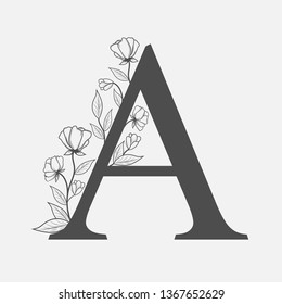 Uppercase Letter A with flowers and branches. Vector flowered monogram or logo. Hand Drawn concept. Botanical design branding. Composition of letter and flowers for wedding card, invitations, brand.