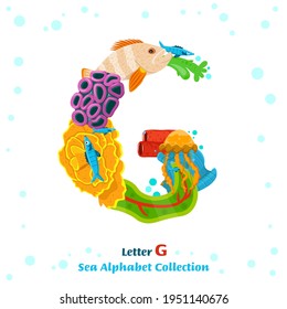 Uppercase letter G. Creative lettering. Unique character made from fish, seaweed, corals, sea inhabitants. Typography graphic design. Colorful cartoon style. Vector illustration on a white background