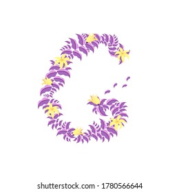 Uppercase letter G made as a type of Botanical or Floral Font in Flat design style, vector illustration on white isolated background for prints, patterns, elements of design for Lettering and Fonts.