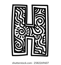 Uppercase letter of H with doodle inside. Simple illustration. Hand drawn doodle for sticker, postcard, wallpaper, mural, fabric, prints, wall decor, clothing, etc