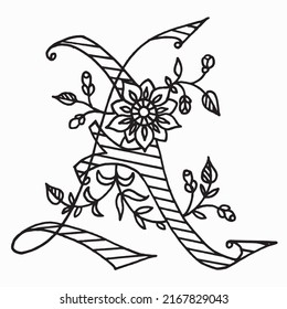 Uppercase letter A hand drawn. Letter decorated with flowers. Decorative handmade font. English alphabet. Doodles font from ornamental flowers - letter A. Black and white.