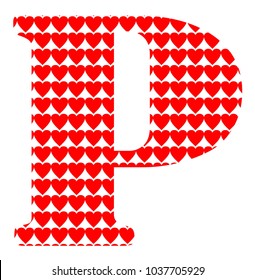 THE UPPERCASE LETTER P IN A RED AND WHITE HEART PATTERN
