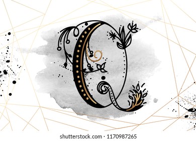 Uppercase Letter Q with decorated flower. Hand Drawn floral monogram, vector illustration eps 10