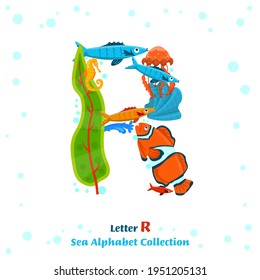 Uppercase letter R. Creative lettering. Unique character made from fish, seaweed, corals, sea inhabitants. Typography graphic design. Colorful cartoon style. Vector illustration on a white background