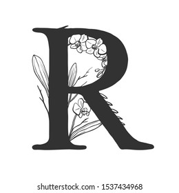 Uppercase letter R decorated with orchids. Vector floral monogram isolated on white. Monogram with letter R and orchids. 