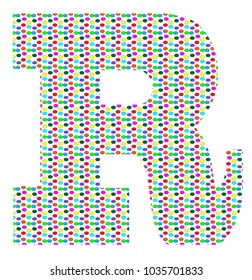 the uppercase letter R in small multicolored polka dots
