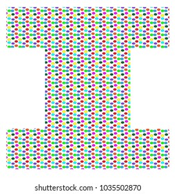 the uppercase letter I in small multicolored polka dots