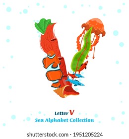 Uppercase letter V. Creative lettering. Unique character made from fish, seaweed, corals, sea inhabitants. Typography graphic design. Colorful cartoon style. Vector illustration on a white background