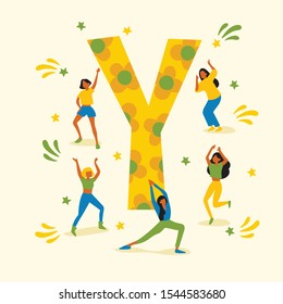 Uppercase letter with young men and women dancing together : Vector Illustration