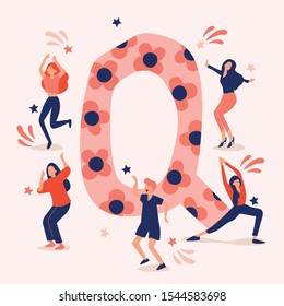 Uppercase letter with young men and women dancing together : Vector Illustration