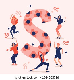Uppercase letter with young men and women dancing together : Vector Illustration