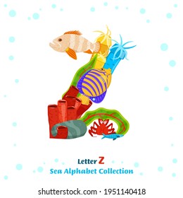 Uppercase letter Z. Creative lettering. Unique character made from fish, seaweed, corals, sea inhabitants. Typography graphic design. Colorful cartoon style. Vector illustration on a white background