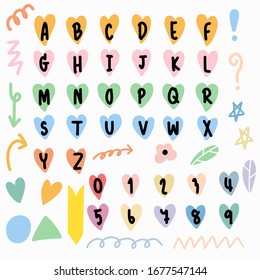 Uppercase letters a-z and numbers by hand drawn. 