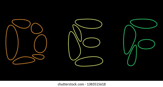 Uppercase Letters D, E, F. Vector outline illustration. Isolated on black background.