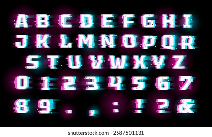 Uppercase letters of English alphabet and numbers, glitch and digital vhs noise effect font. Typographic symbols destroyed glitch style. Retro distress typeface with motion light bug border on black