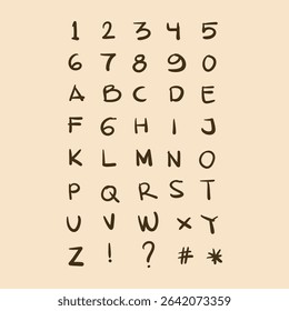 Uppercase letters, numbers, and symbols in playful handwritten brown marker style