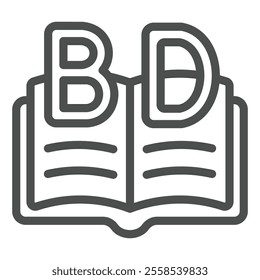 Uppercase letters and opened book line icon, reading book online concept. Vector graphics. Text book sign on white background, outline style icon for mobile or web design