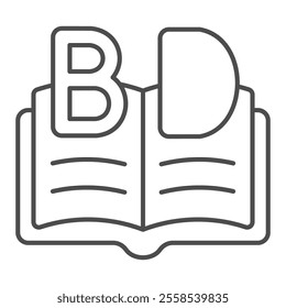 Uppercase letters and opened book thin line icon, reading book online concept. Vector graphics. Text book sign on white background, outline style icon for mobile or web design