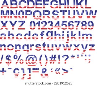 Uppercase and lowercase alphabet, numbers, symbols and signs with american flag texture on white background. Vector illustration. USA flag patriotic font.