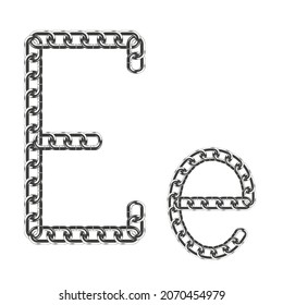 The uppercase and lowercase letter E is made of realistic metallic-colored chains. Isolated on a white background. Vector illustration.
