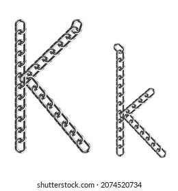 The uppercase and lowercase letter K is made of realistic metallic-colored chains. Isolated on a white background. Vector illustration.