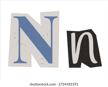 Uppercase and lowercase letter N cut out of paper. Graphic element for a scrupbooking