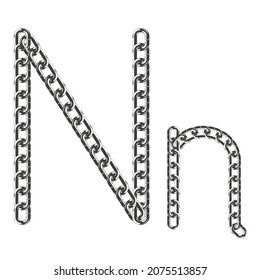 La letra N mayúscula y minúscula está hecha de cadenas de color metálico realistas. Aislado sobre un fondo blanco. Ilustración vectorial.
