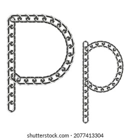 La letra P en mayúscula y minúscula está hecha de cadenas de color metálico realistas. Aislado sobre un fondo blanco. Ilustración vectorial.