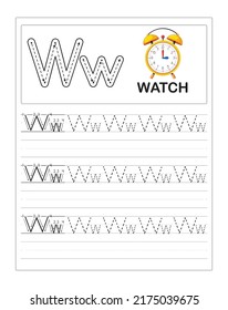 Uppercase and Lowercase Letter W cute children colorful ABC alphabet trace practice worksheet for kids learning English vocabulary and handwriting vector illustration.