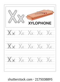 Uppercase and Lowercase Letter X cute children colorful ABC alphabet trace practice worksheet for kids learning English vocabulary and handwriting vector illustration